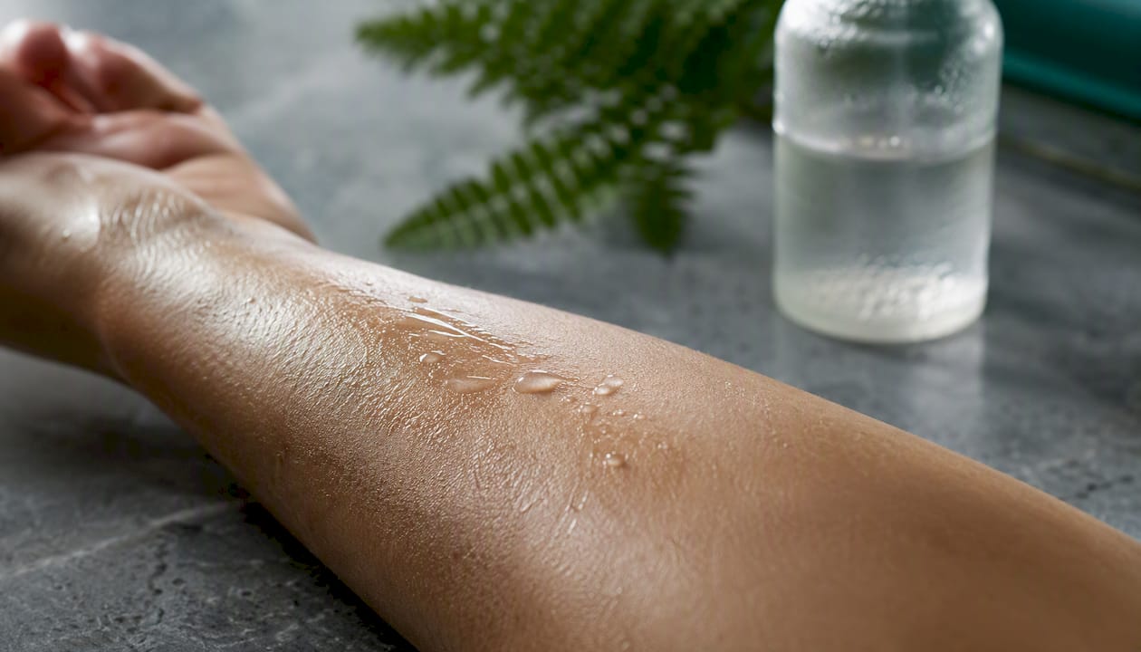 Hydrated dewy skin with serum droplets