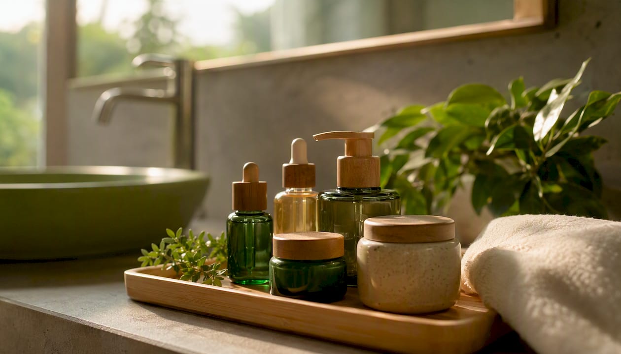 Natural skincare ingredient containers on tray