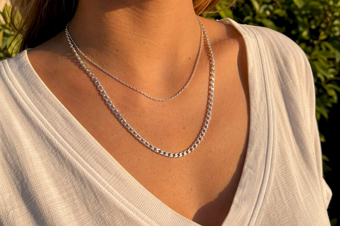 Layered 3mm and 5mm sterling silver chains on neck