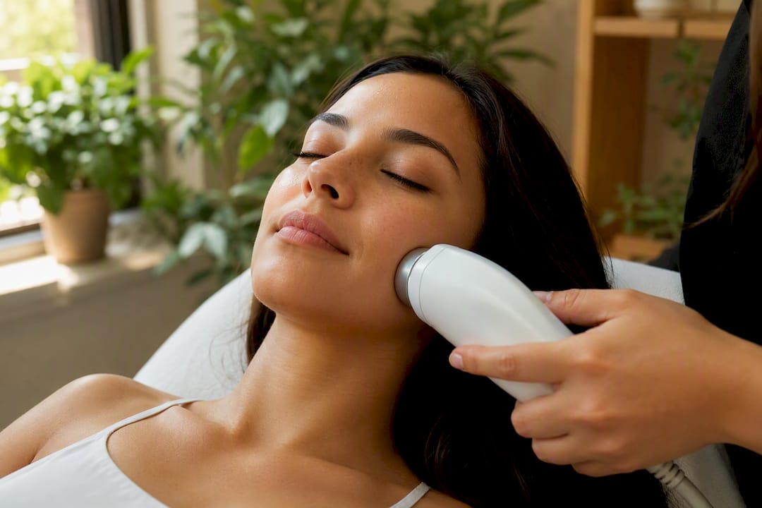 Skin tightening device applicator on cheek