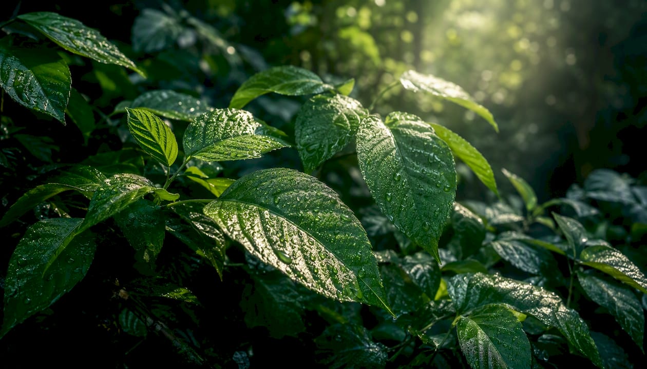 Dew on fresh green leaves close-up