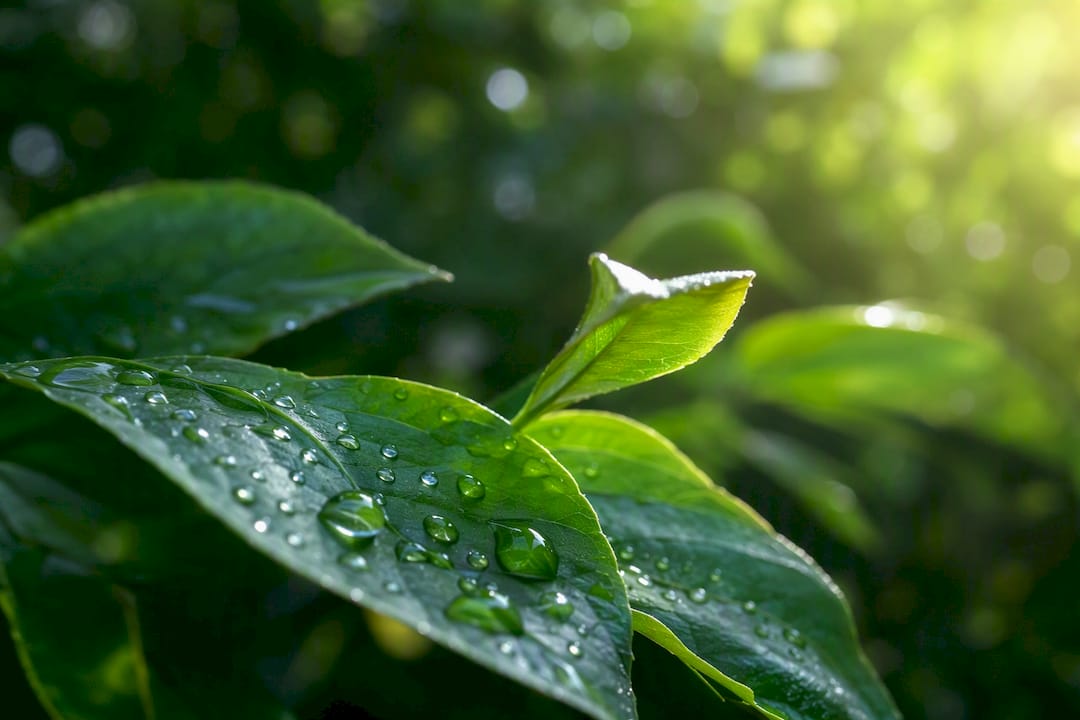 Sunlit green leaves with dew drops
