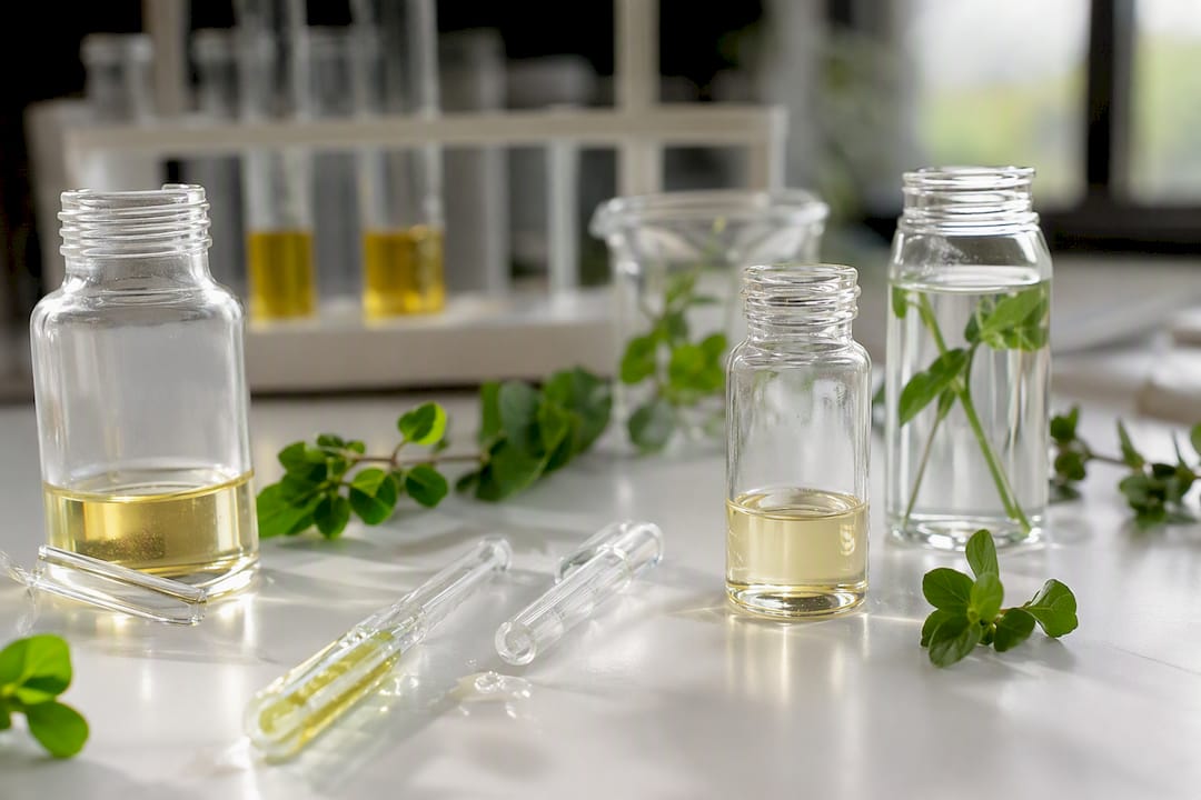 Close-up of copper peptide and vitamin C lab vials