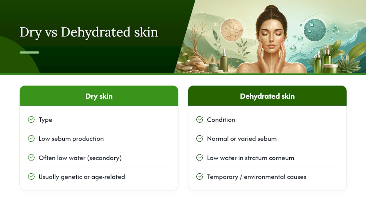 Diagram comparing dry skin and dehydrated skin