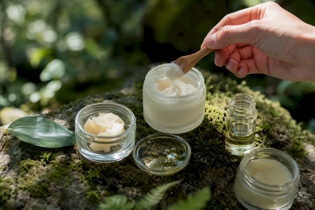 Hand scooping rich skincare cream with natural ingredients