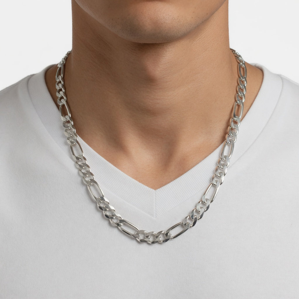 8mm Sterling Silver 925 Thick Figaro Chain Necklace | Polished Diamond Cut