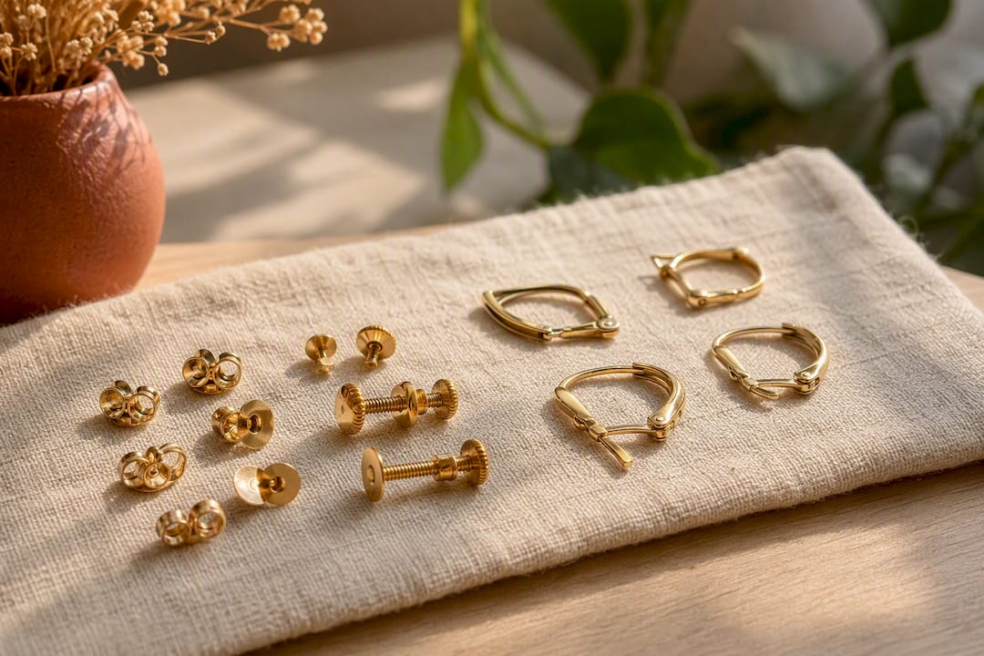 Various types of earring backs arranged neatly