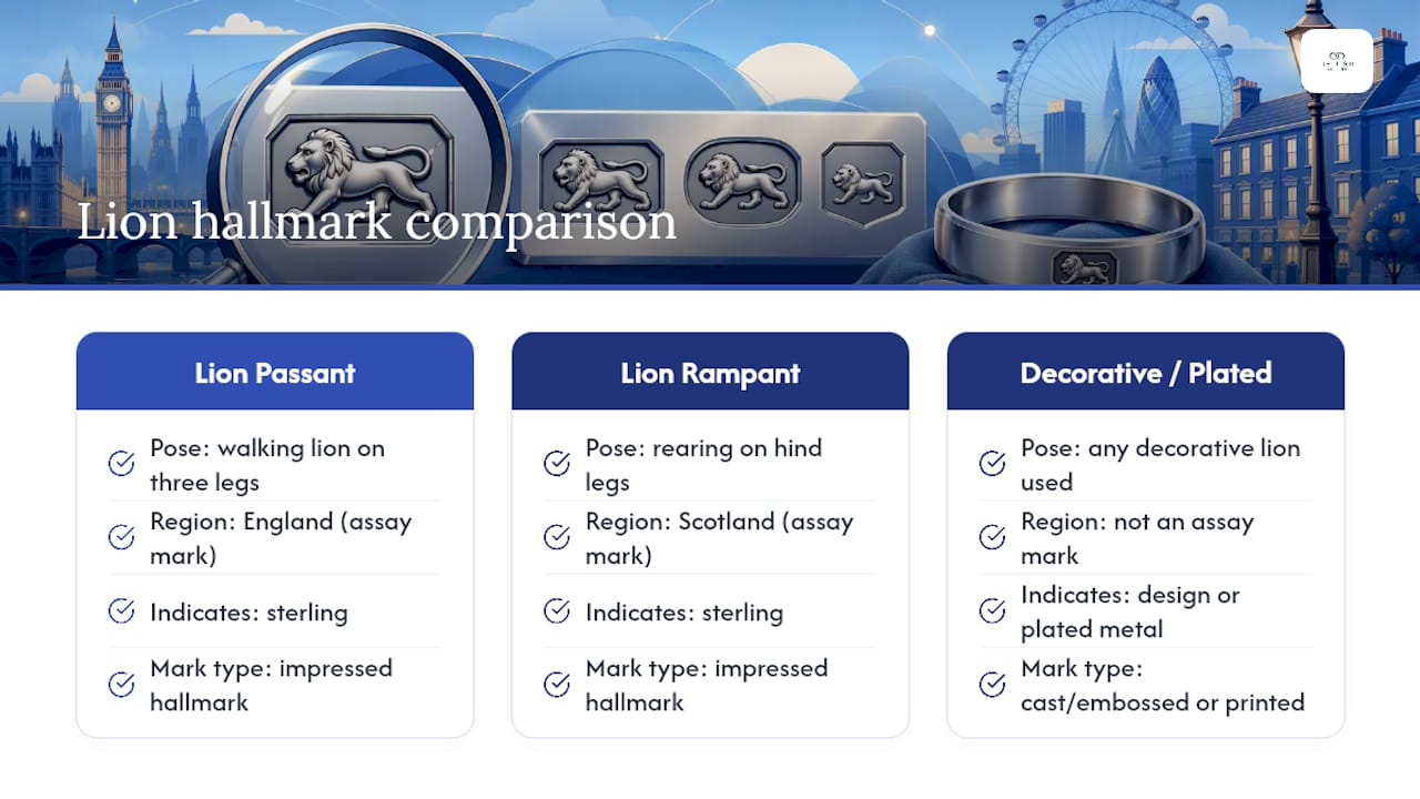 Diagram comparing lion passant and lion rampant hallmarks