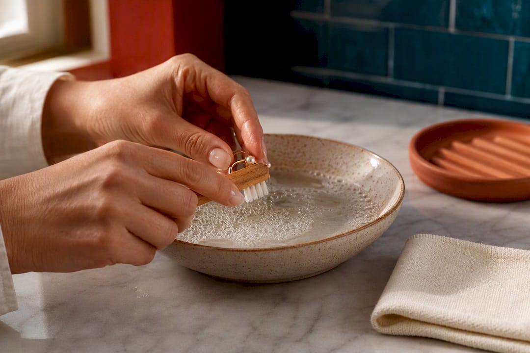 Soft brush cleaning jewelry with soapy water