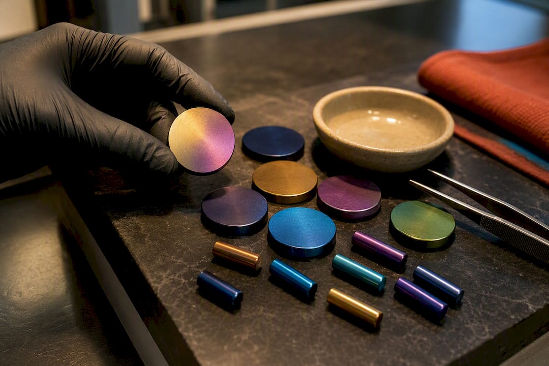 Anodized niobium samples showing oxide colors