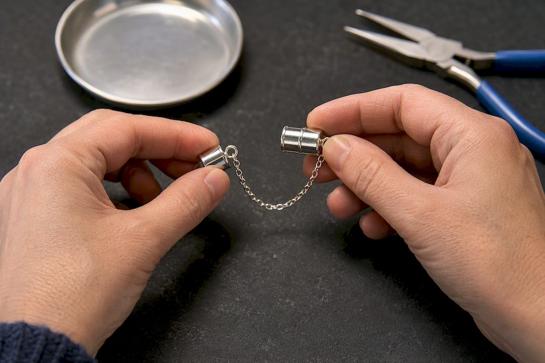 Hands attaching a jewellery safety chain