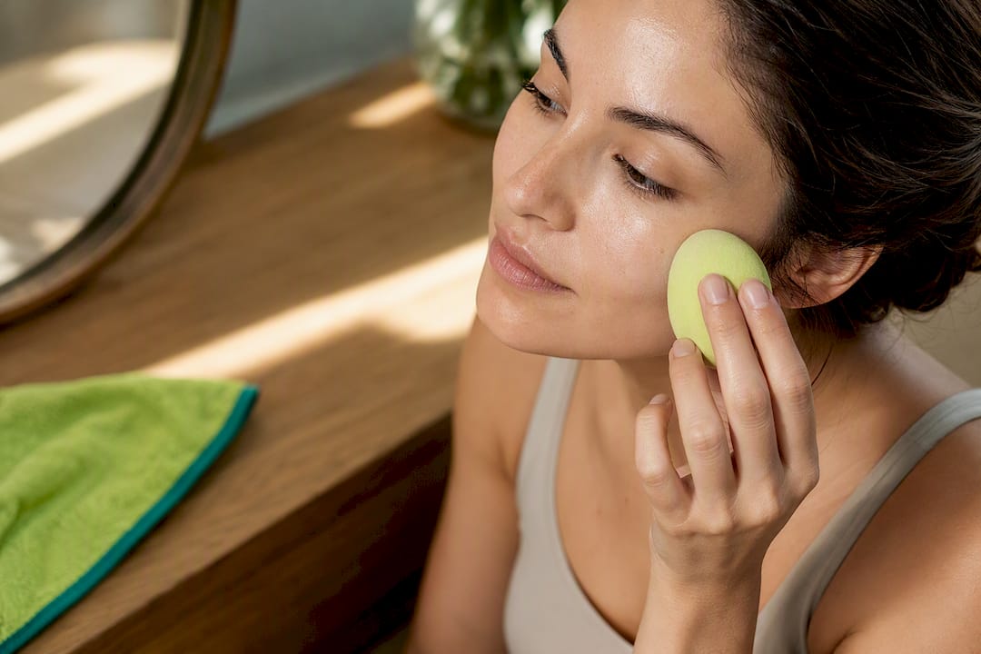 Damp sponge pressing sunscreen evenly