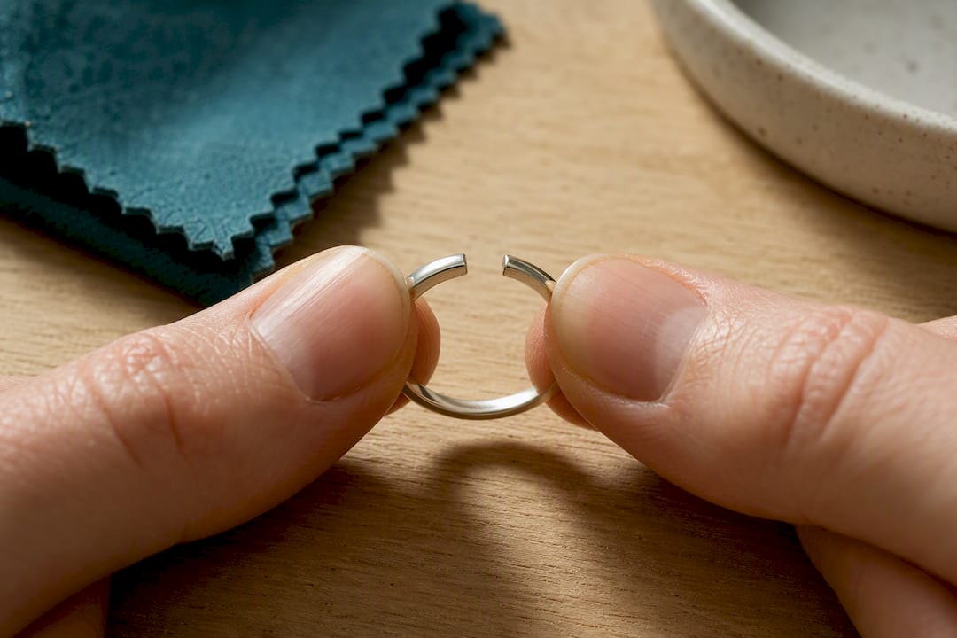 Thumbs gently adjusting a ring opening