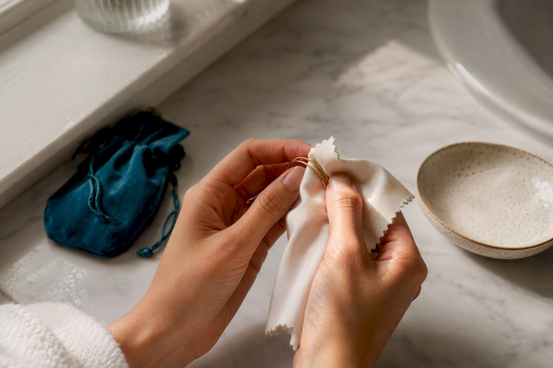 Hand wiping jewelry with a polishing cloth