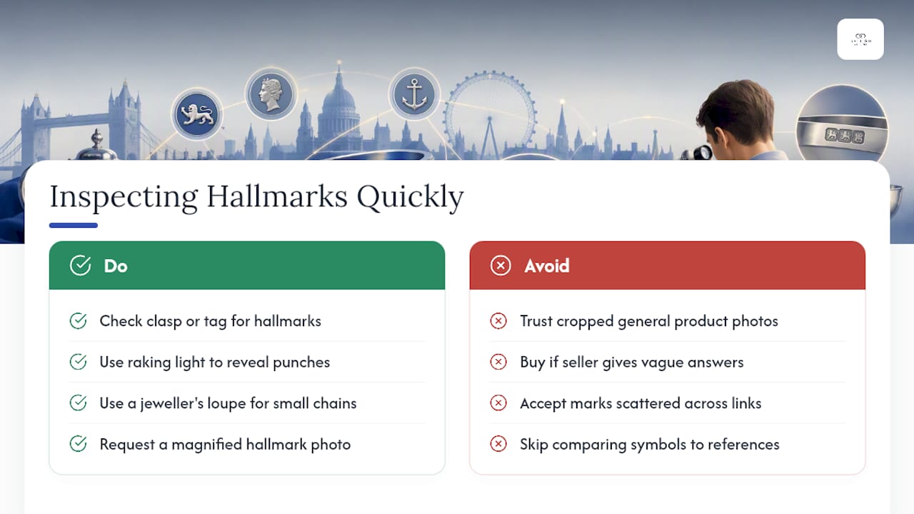 What should you look for when inspecting hallmarks in person or online? — overview diagram