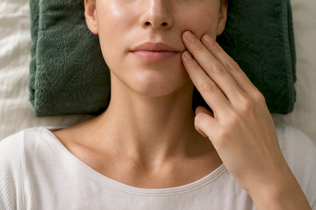 Hands gently massaging cheek beside mouth