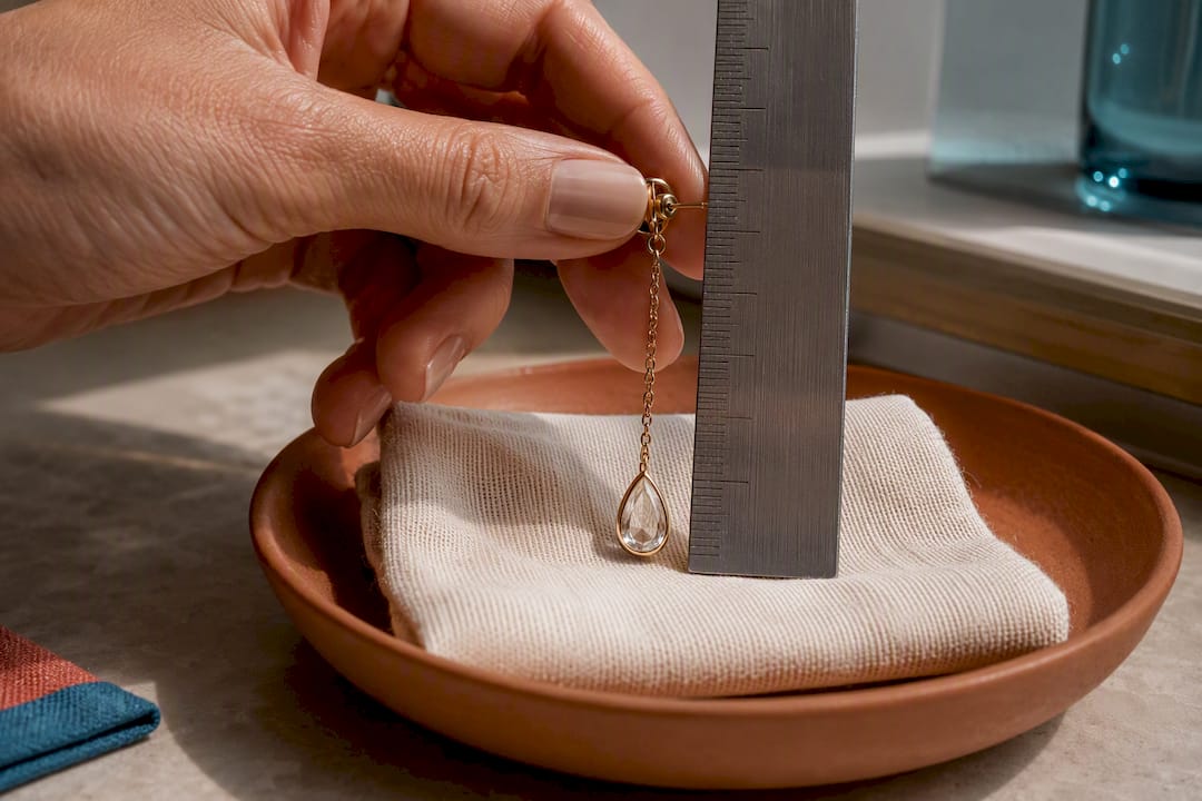 Hand measuring a short earring drop