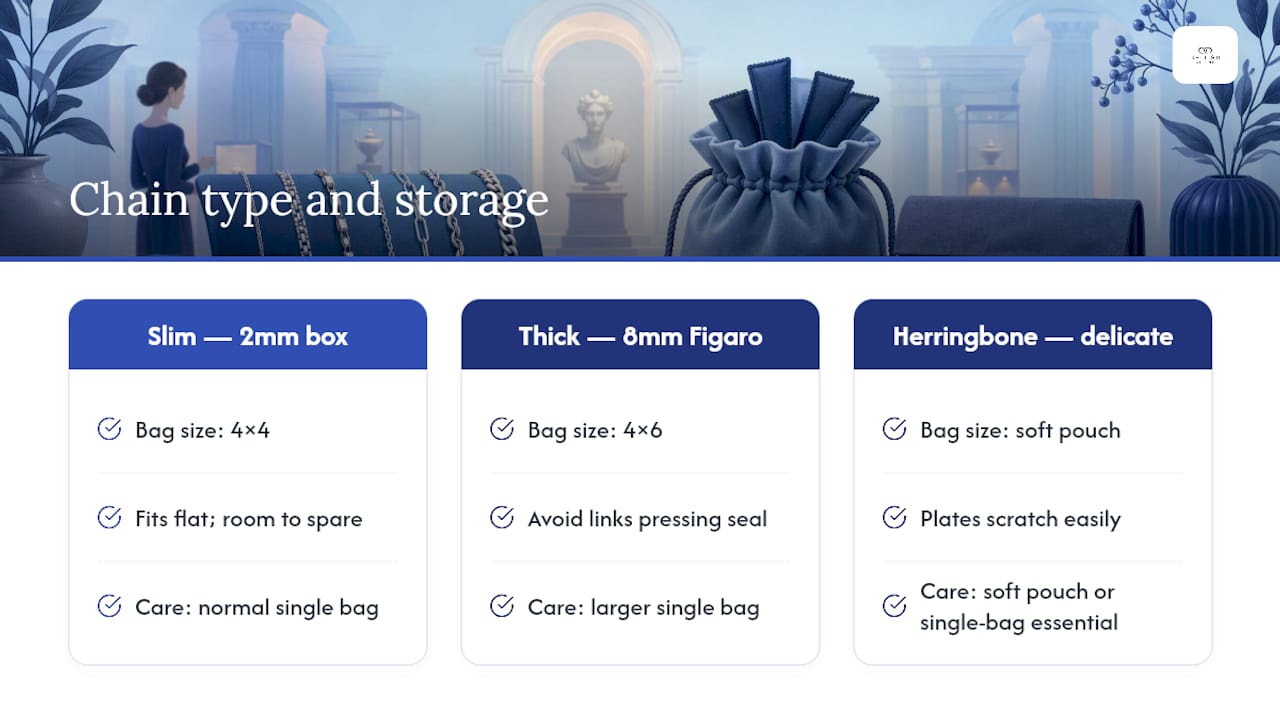 Storing chains that suit anti tarnish bags perfectly — overview diagram