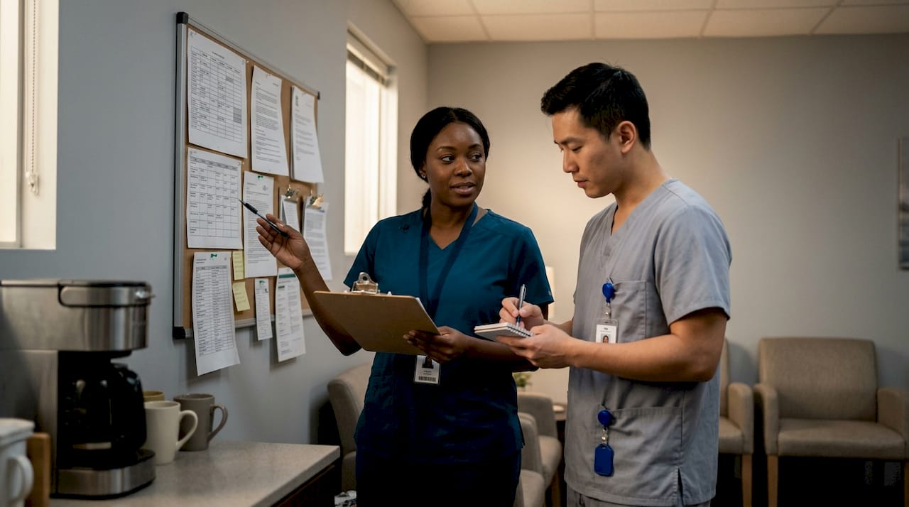 Two nurses discussing shift schedules in hospital