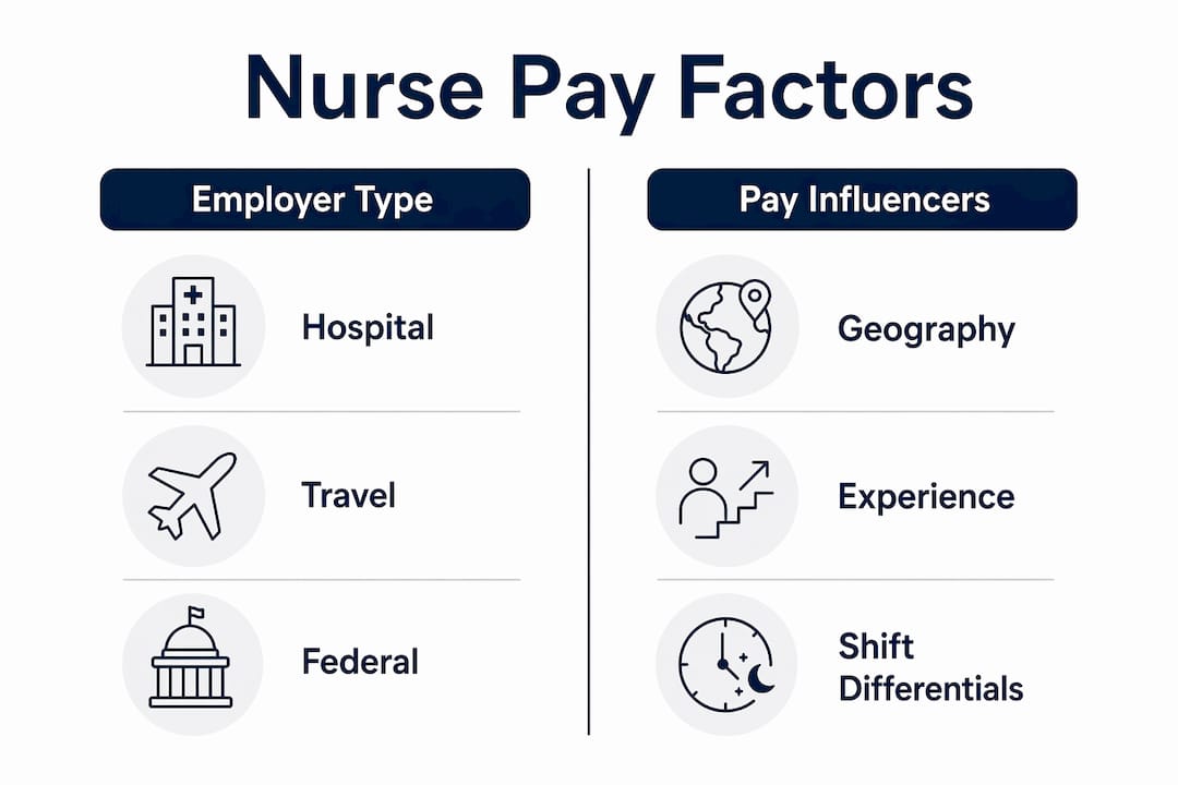 Infographic comparing nurse pay factors by employer type and other influences