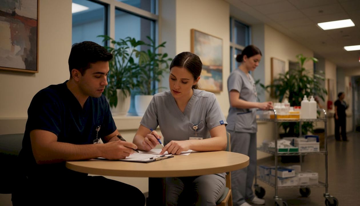 Busy hospital nurse station with staff shortage