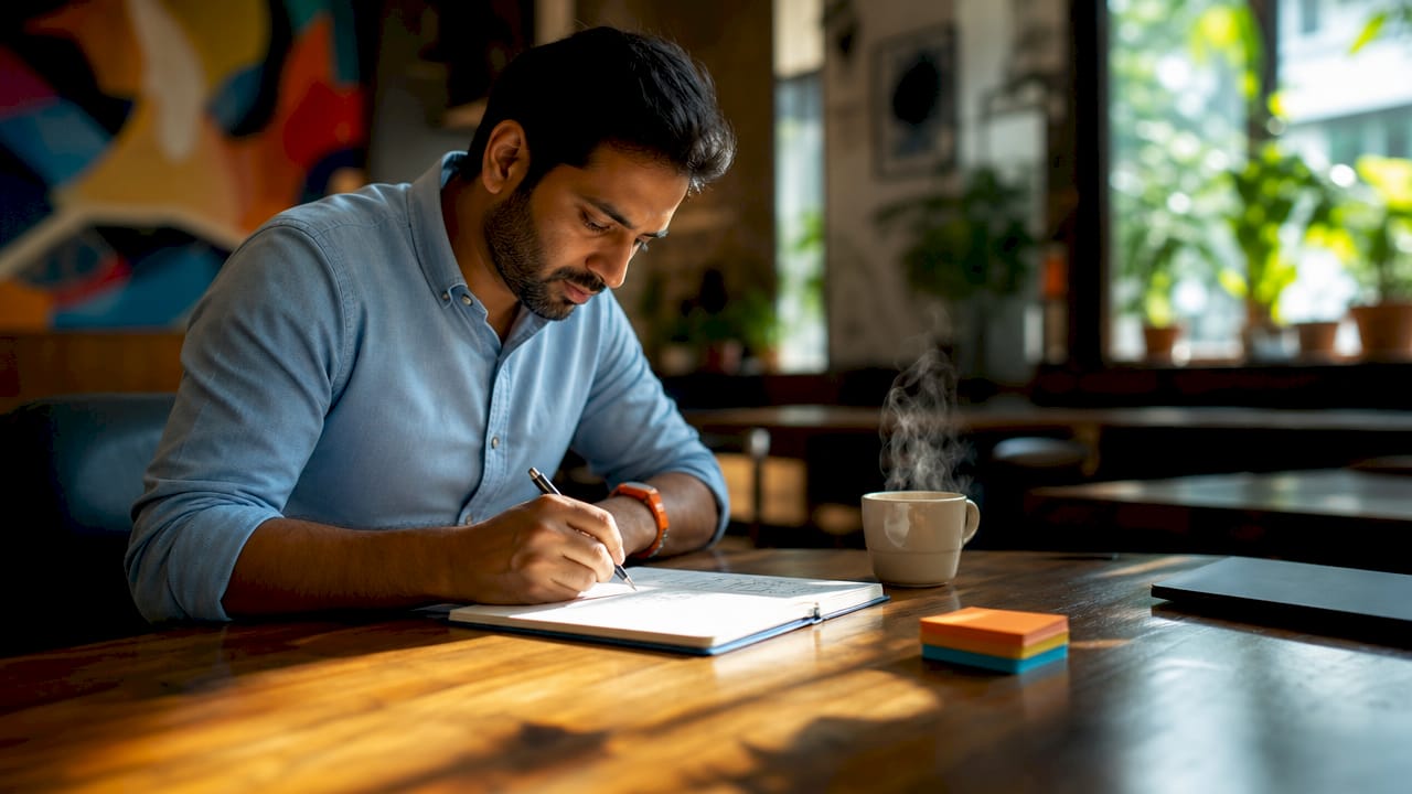 Man developing cybersecurity project notes on tablet