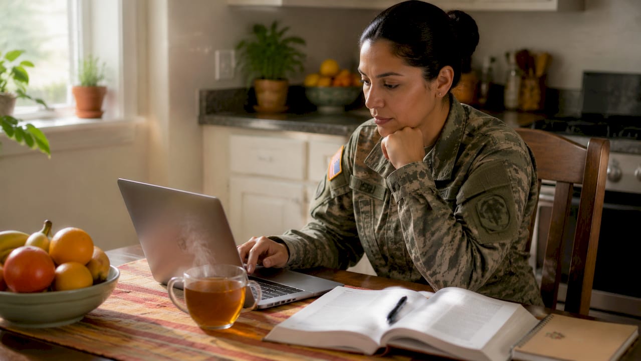Veteran reviewing VA GI Bill Comparison Tool on laptop