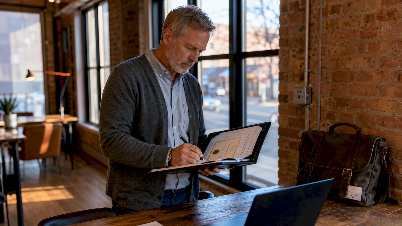 Veteran preparing career documents in corporate lobby