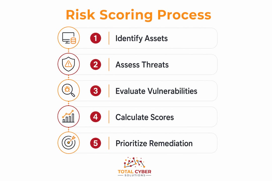 Infographic illustrating cybersecurity risk scoring process steps