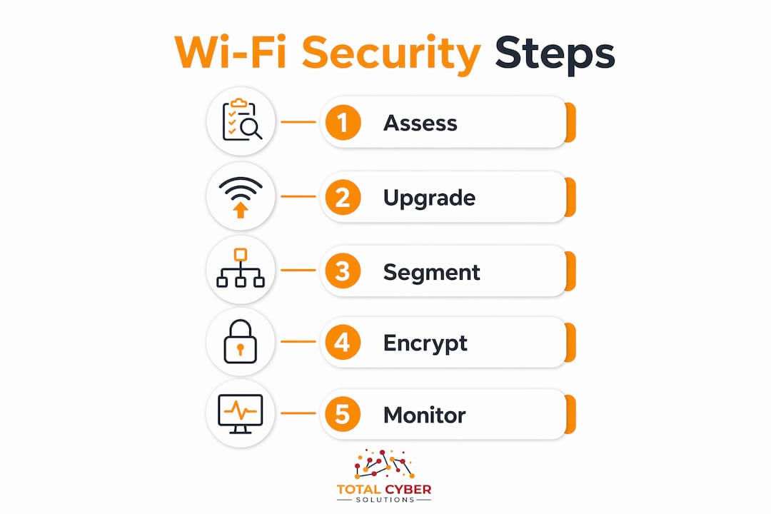 Infographic illustrating Wi-Fi security hardening steps