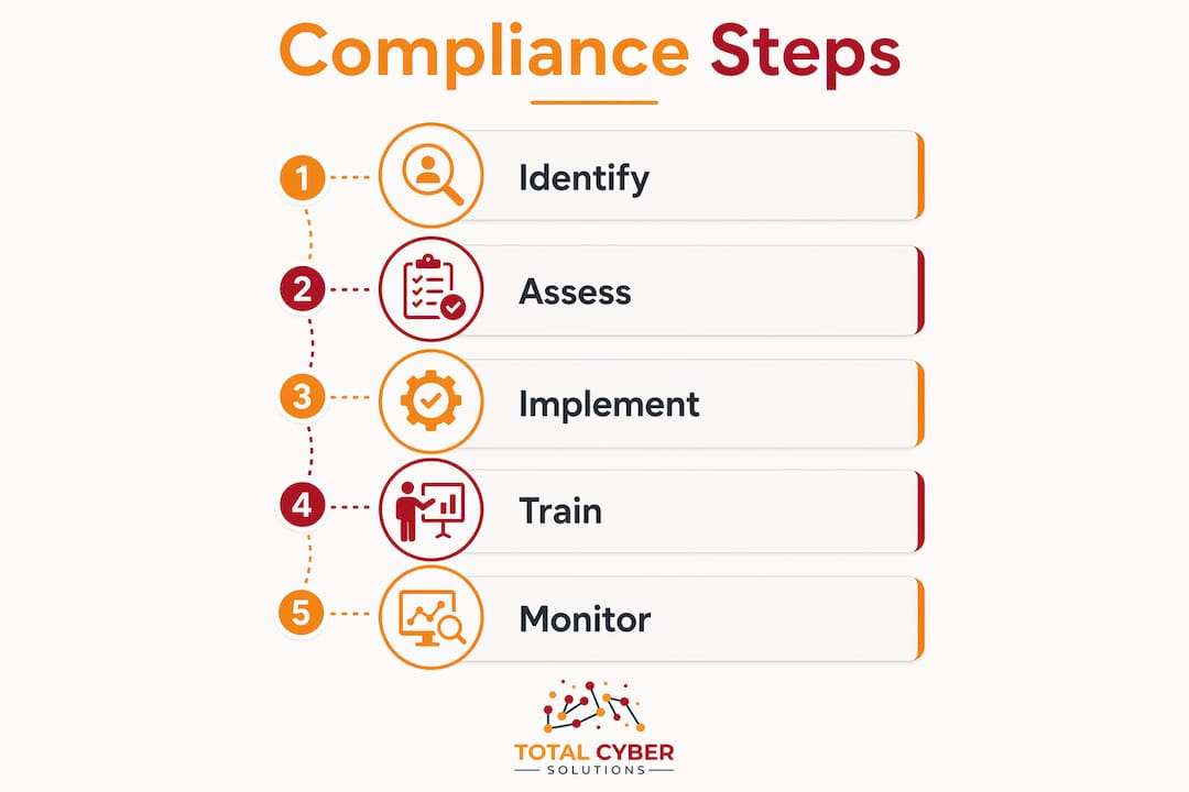 Infographic illustrating cybersecurity compliance steps
