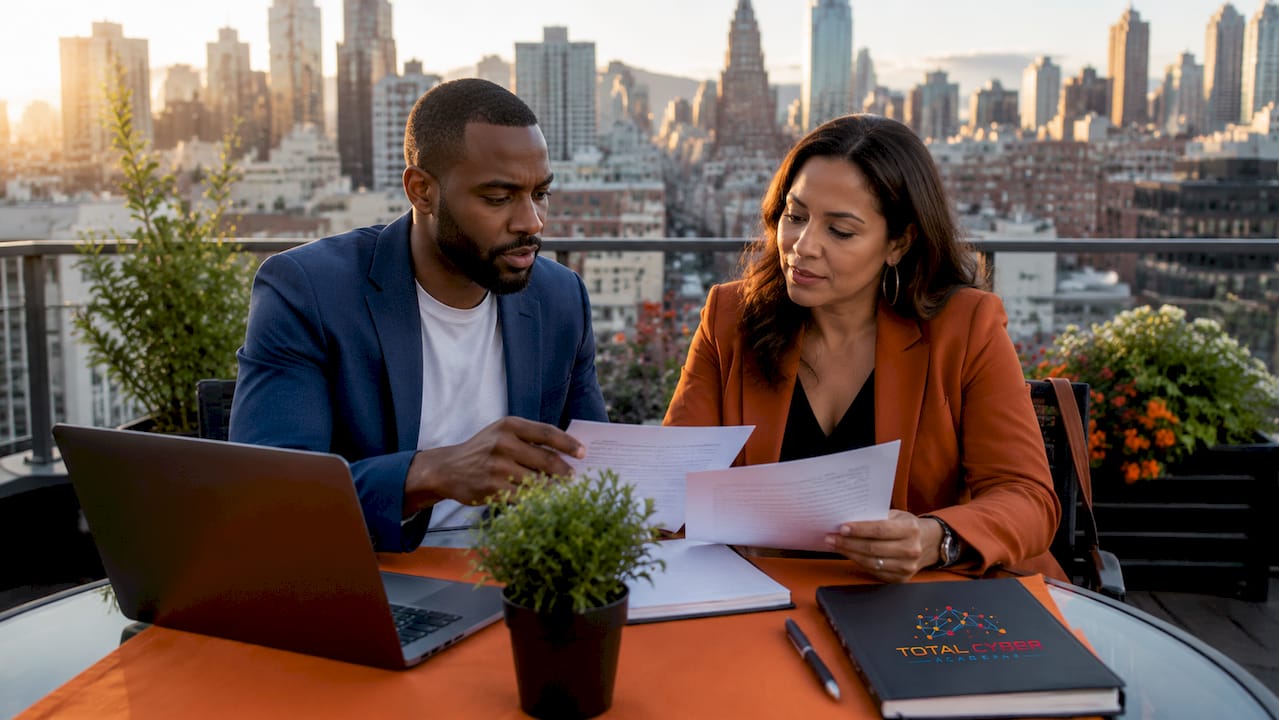 Two professionals discussing IT certification documents