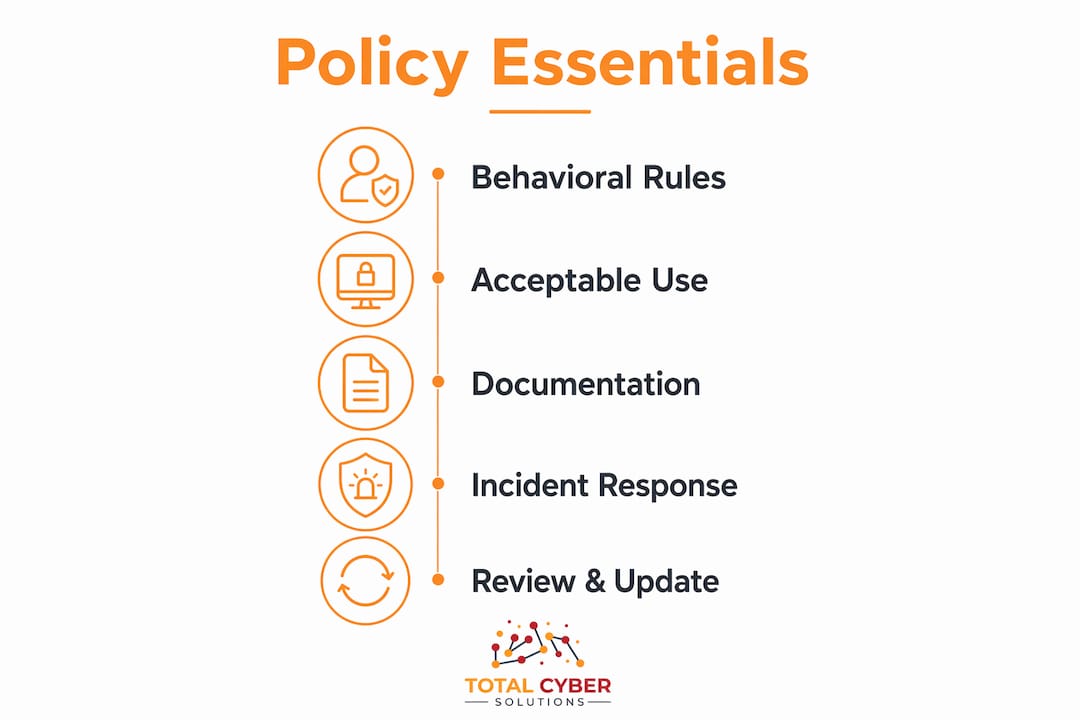 Infographic showing essential cybersecurity policy components