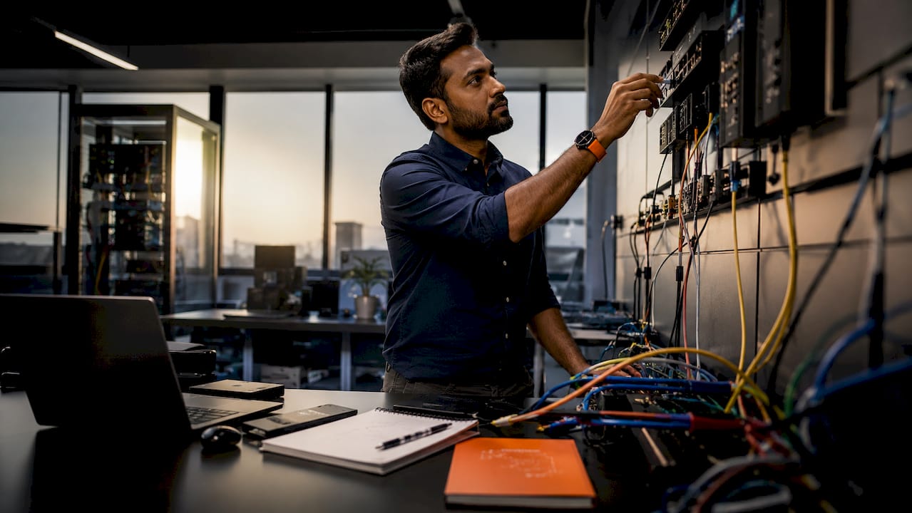 Overhead view of cybersecurity analyst at live workstation