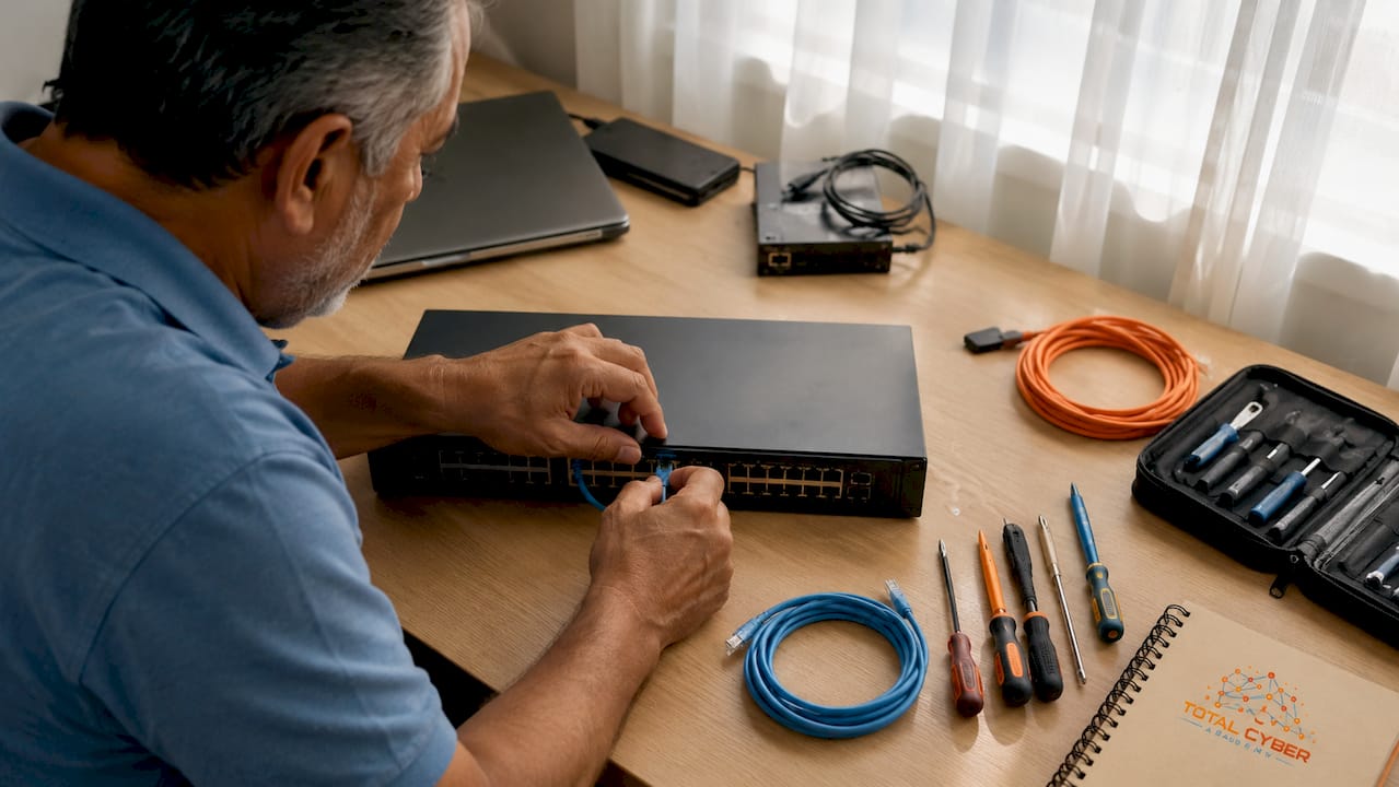 Hands performing cybersecurity hardware setup tasks