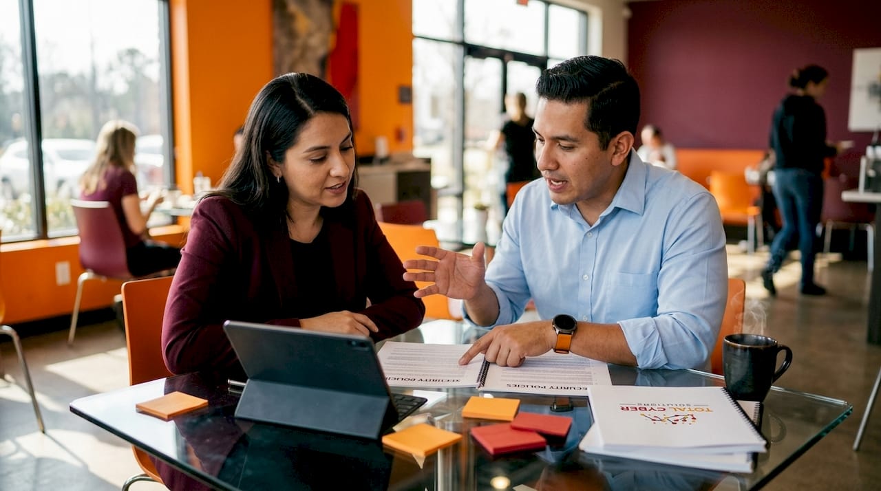 Two partners reviewing security policies documents