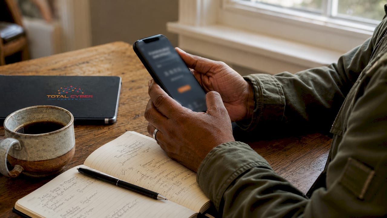 Veteran using smartphone to access military exam discount