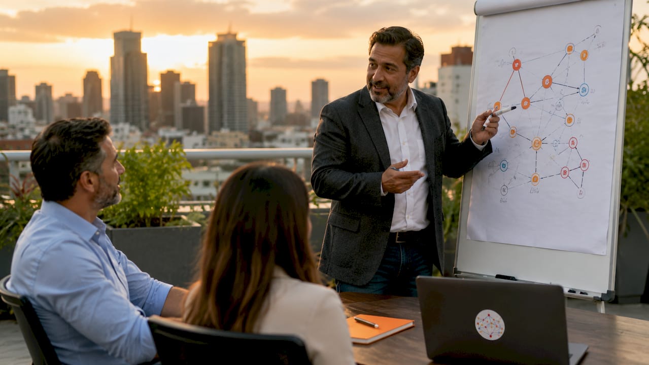 Man explaining training eligibility in meeting room