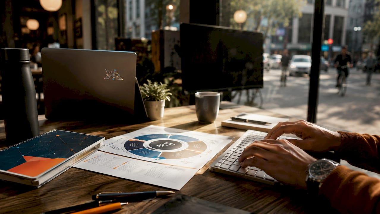 Hands typing with cybersecurity framework chart on desk