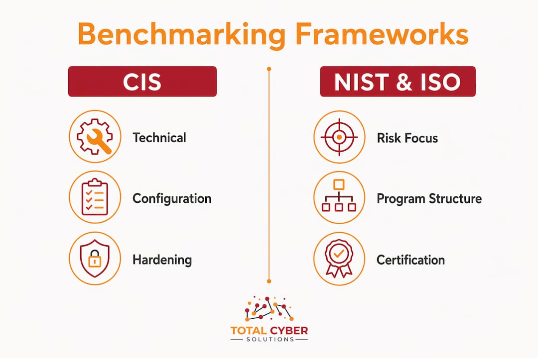 Comparison infographic of cybersecurity benchmarking frameworks