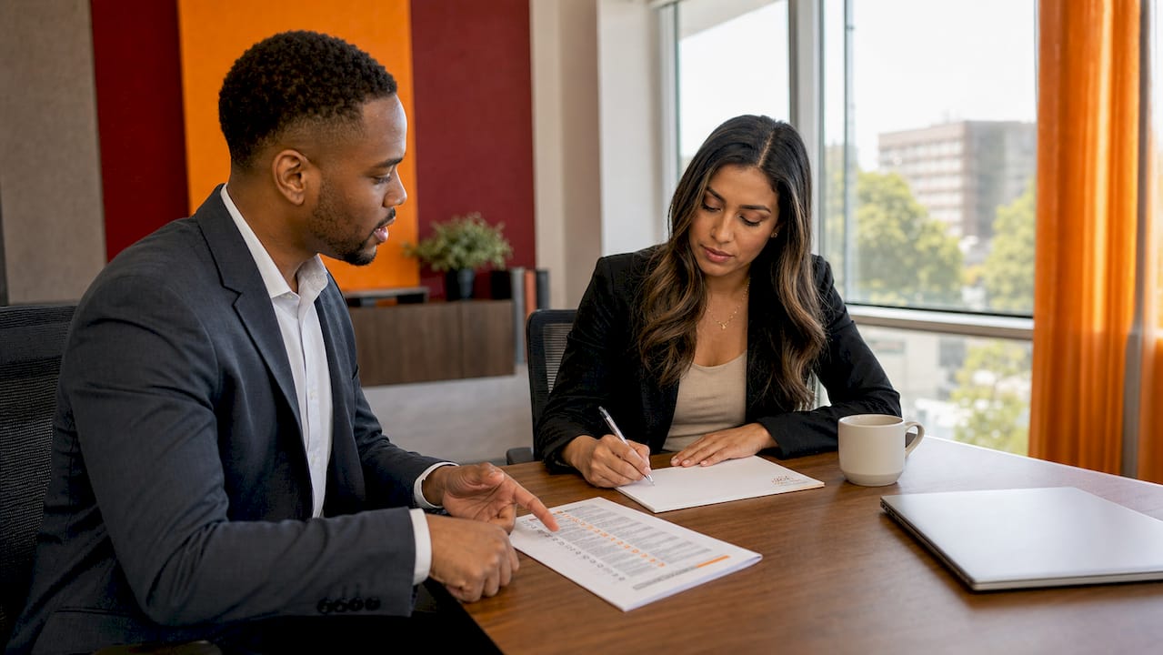 Hands pointing at compliance checklist document
