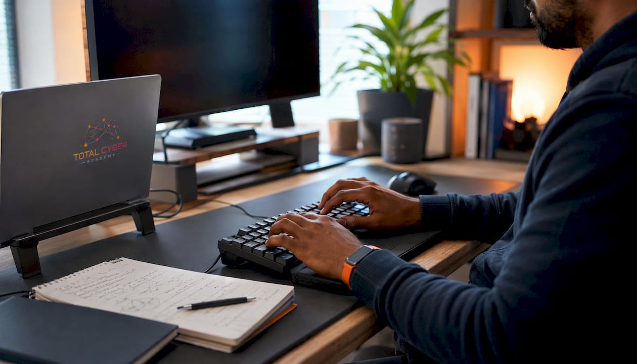 Close-up of cyber professional typing commands