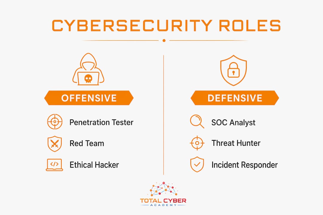Infographic comparing offensive and defensive cybersecurity roles