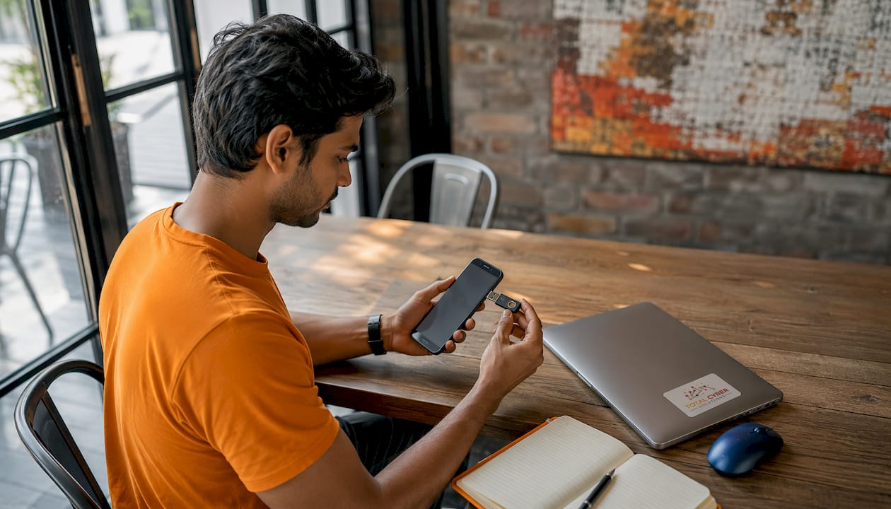 User handling MFA security token and phone in home office
