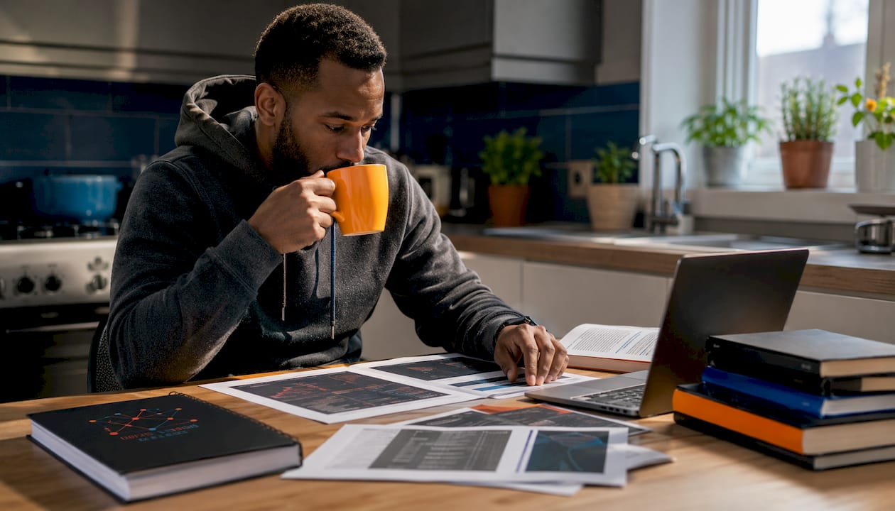 Man analyzing cybersecurity alerts and taking notes in home office