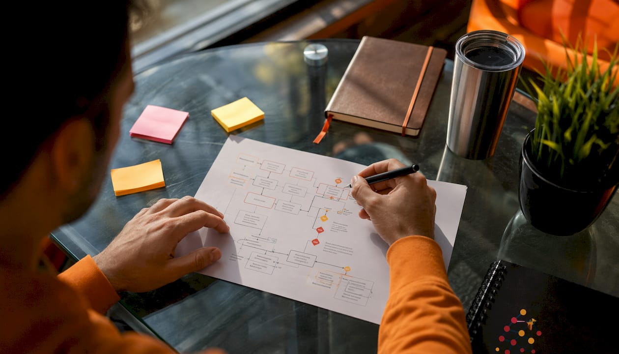 Close-up of hands annotating security audit flowchart