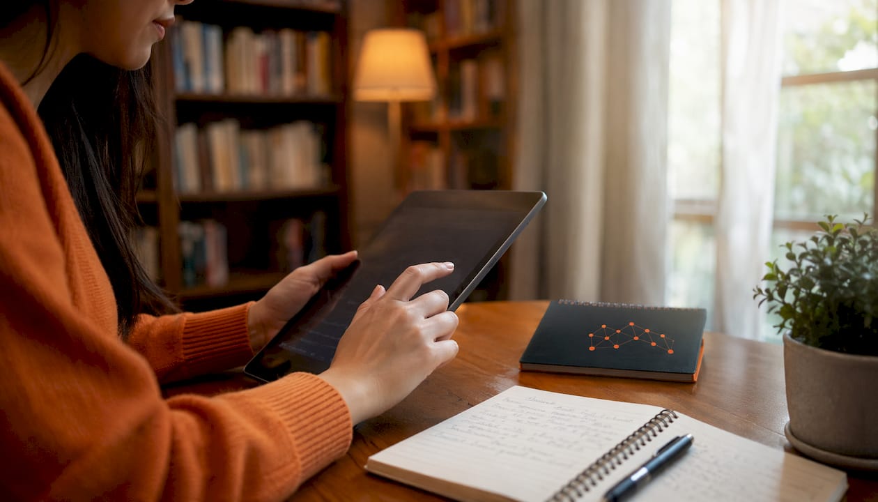 Hands using cybersecurity training tablet in tech lab