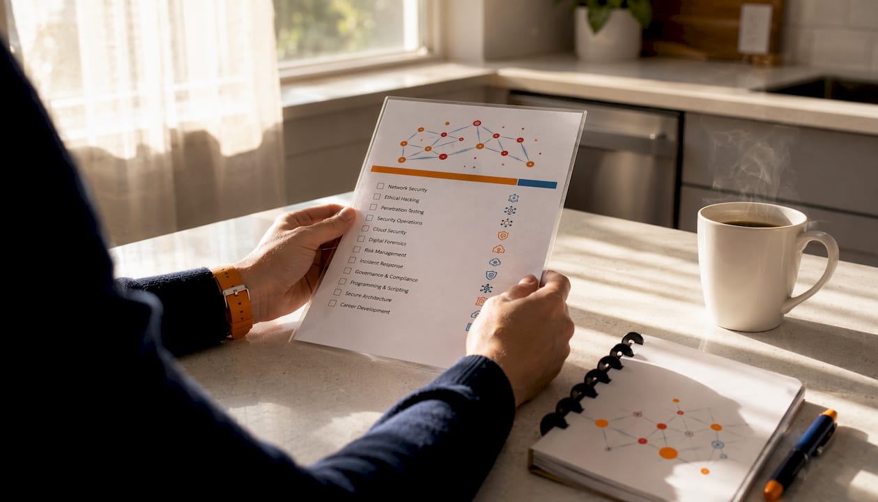 Hands holding IT certification checklist at home desk