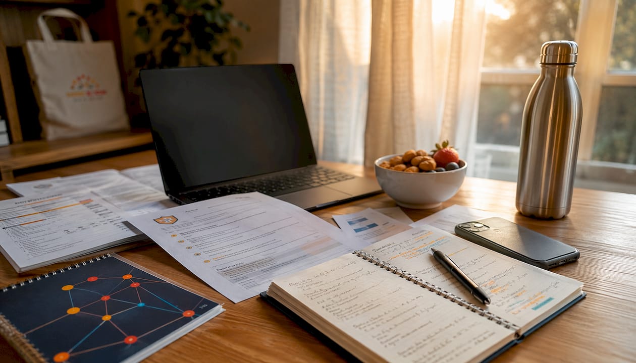 Overhead view of CASP+ exam study materials on desk