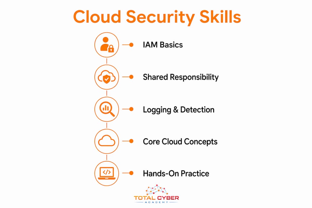 Infographic showing key cloud security skills for beginners